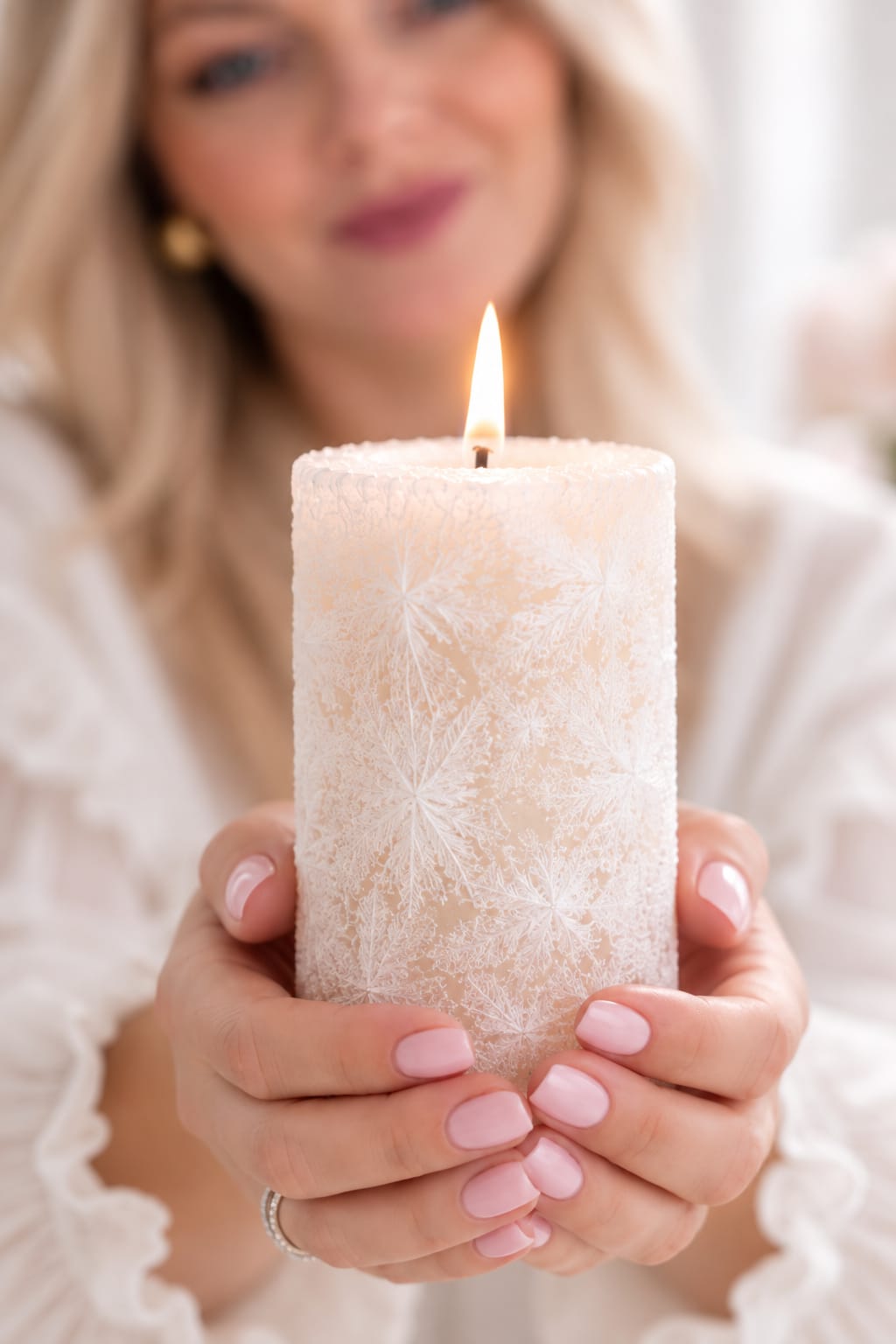 Maťa drží v dlaniach zapálenú sviečku Royal Candles s ľadovými kvetmi na vosku